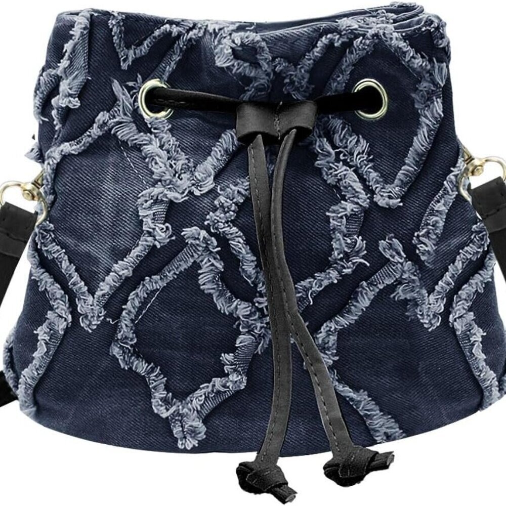 Women Denim Bucket Bag Small Crossbody Rhombus Shoulder Bag with Drawstring